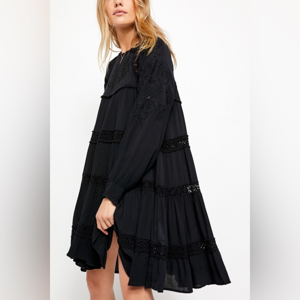 Free People Embroidered Long Sleeve Mini Dress Black Piece of Your Heart Size S